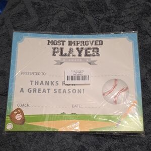 Most Improved Baseball/ Softball Player Award Certificate 25 Pieces Cardstock